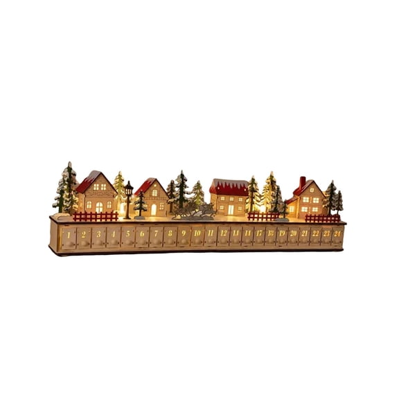 Christmas Advent Calendar, 13.78 Inch Light-Up Wooden Winter Village with LED Lights, 24 Fillable Draws for Christmas Countdown, Reusable Holiday Tabletop Decor for Mantel Shelf & Thoughtful Gift