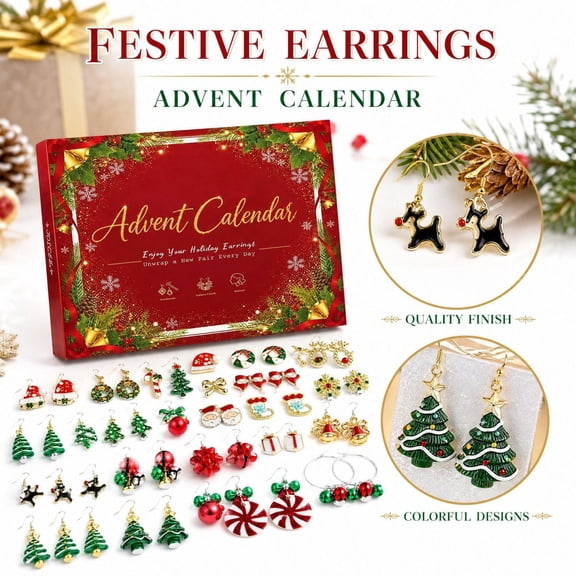 Christmas Advent Calendar 2024, 24 Pair Holiday Earring Jewelry Set, Advent Calendar for Women Girls Christmas Gift Box