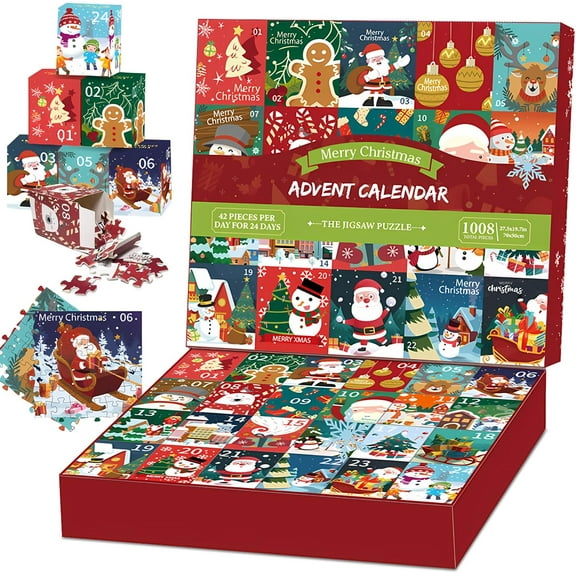 Christmas Advent Calendar 2025, 1008 Pieces Christmas Puzzle Jigsaw, 24 Days Countdown Calendar Jigsaw Puzzles, 24 Boxes of Family Game Puzzles Xmas Holiday Gift