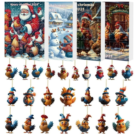 Christmas Advent Calendar 2025, 24PCS Hanging Chicken Owl Ornaments Countdown Calendar with Santa Claus Design for Kids Family Holiday Gift Home Decoration