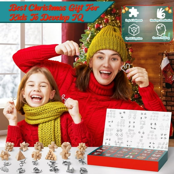 Christmas Advent Calendar 2025, Xmas Advent Calendar 24Pcs 3D Brain Teaser Puzzles Blind Box Set - Metal & Wood Luban Lock Puzzles, Christmas Countdown Brain Challenges - For