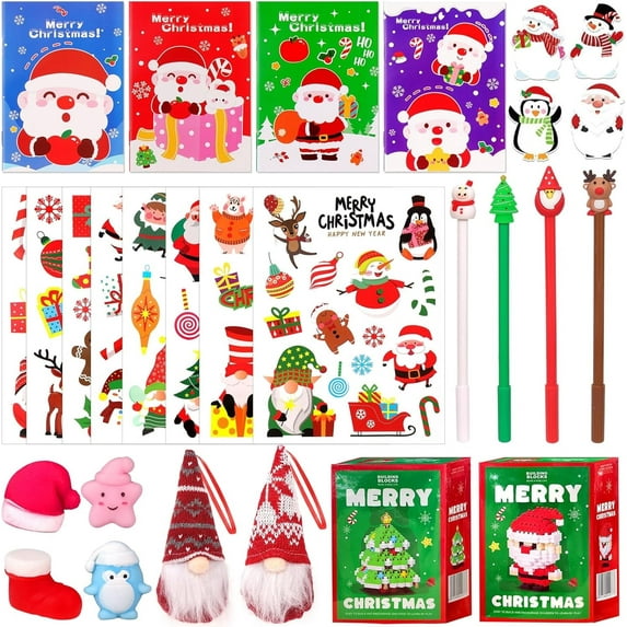 Christmas Advent Calendar for Kids, Pack of 28 Small Gifts for Advent Calendar Small Items Contents Squishies Toy Christmas Stickers Ballpoint Pen Sticky Notes Small Notepad