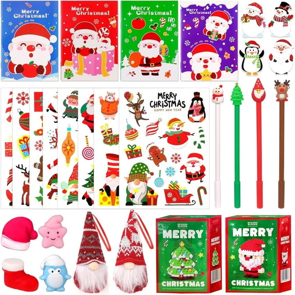 Christmas Advent Calendar for Kids, Pack of 28 Small Gifts for Advent Calendar Small Items Contents Squishies Toy Christmas Stickers Ballpoint Pen Sticky Notes Small Notepad