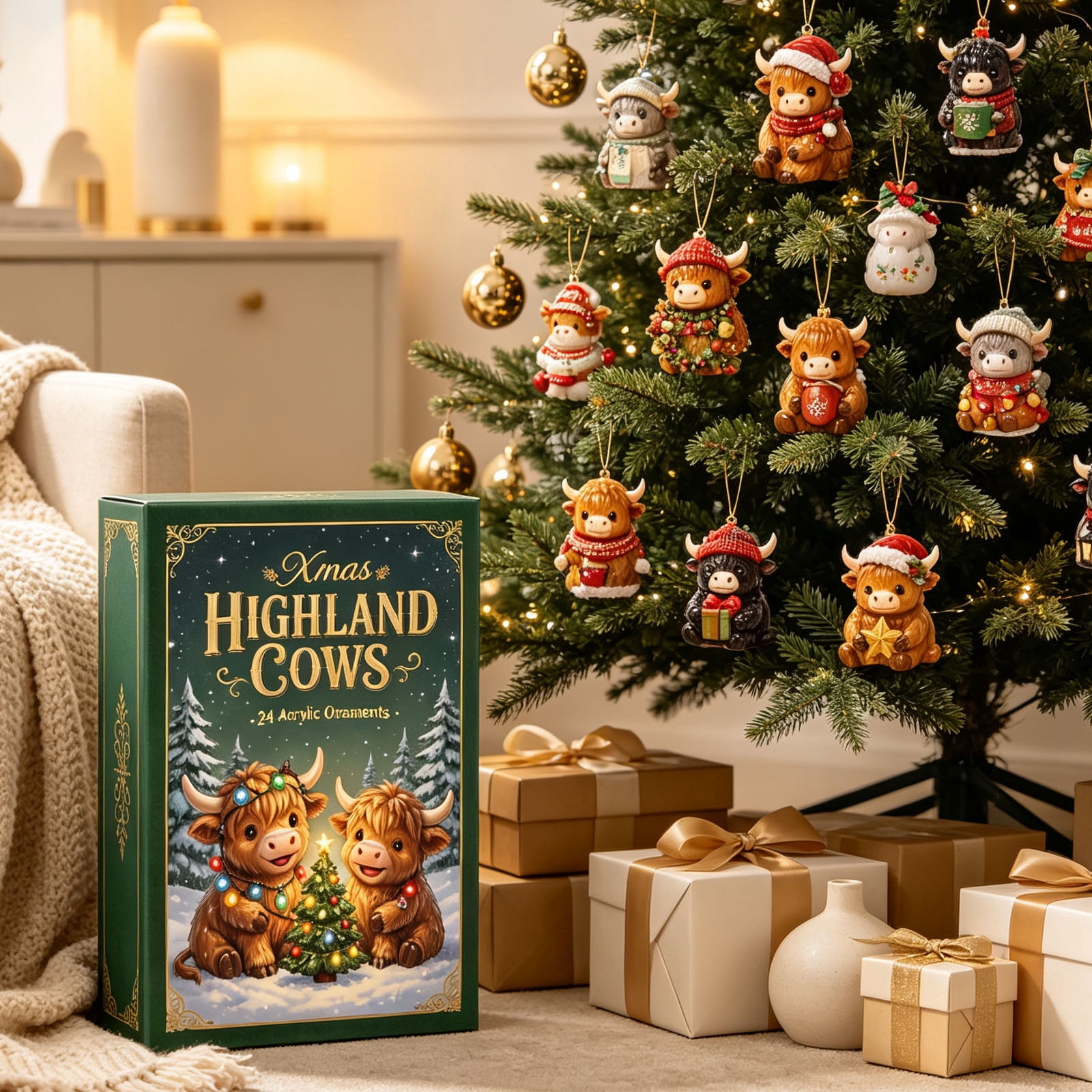 Christmas Advent Calendar 2026, 24 Day Highland Cow Acrylic Ornaments ...