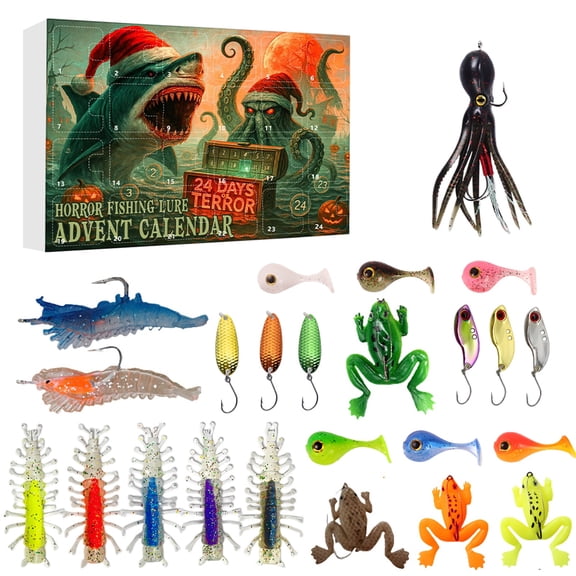 Christmas Advent Calendar 2026, 24-Days Christmas Countdown Calendar, Fishing Advent Calendar 24 Days Countdown Box with Mixed Lures Soft Baits Spoon Frog Jig and Octopus Style Set