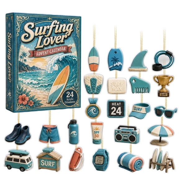 Christmas Advent Calendar 2026, 24 Days Christmas Countdown with 24 2D Surfing Lover Theme Ornaments, Xmas Tree Decor, Holiday Gift Box