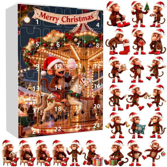 Christmas Advent Calendar 2026, 24 Days Playful Monkey Pendant Countdown Box with Holiday Hat and Scarf Designs, Holiday Countdown Decor for Christmas Tree and Window Display