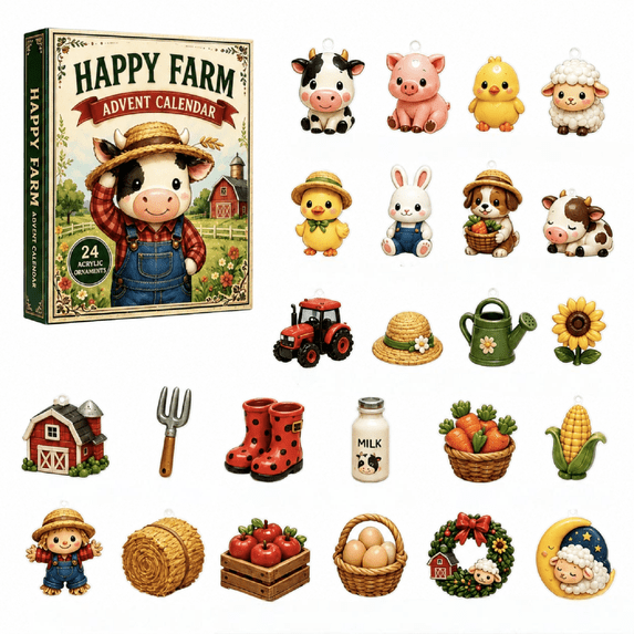 Christmas Advent Calendar 2026, 24 Piece Happy Farm Themed Mini Christmas Tree Ornaments Set for Student Holiday Countdown