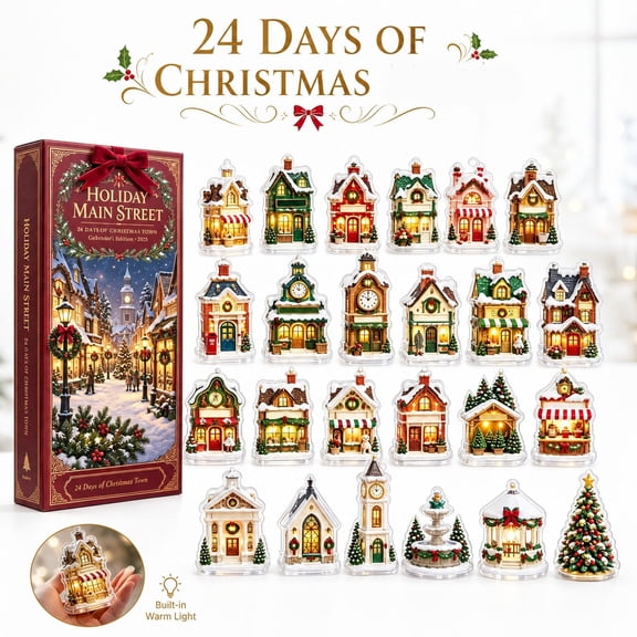 Christmas Advent Calendar 2026 with Light Up Acrylic Village Houses, 24 Pieces, Illuminated Town Buildings, for Seasonal Home Display, Decoration