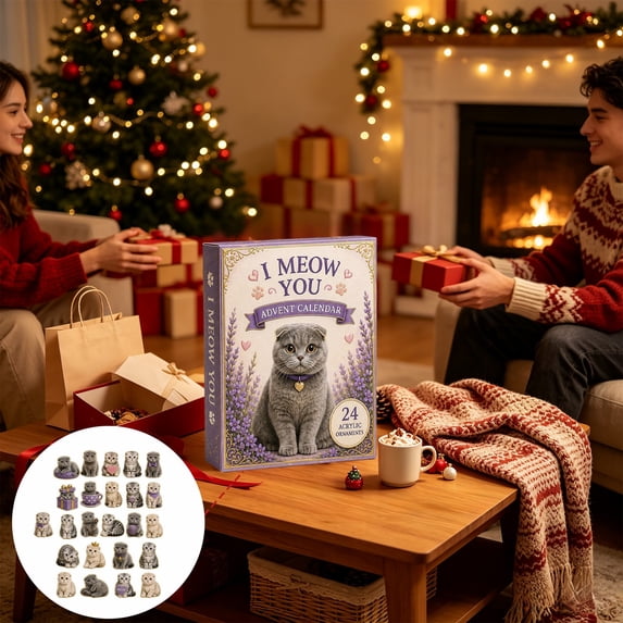Christmas Advent Calendar, 24 Day Countdown with Acrylic Botanical Scottish Fold Cat Hanging Ornaments, Tree and Home Holiday Decor, 24 Pieces