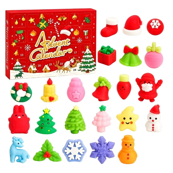 Christmas Advent Calendar 24 Days Squishy Set, House Shape Mystery Squishies with 26 Sparkly Surprises, Slow Rising Fidget Toy, Sensory Toy for Kids Adults, Christmas Gift