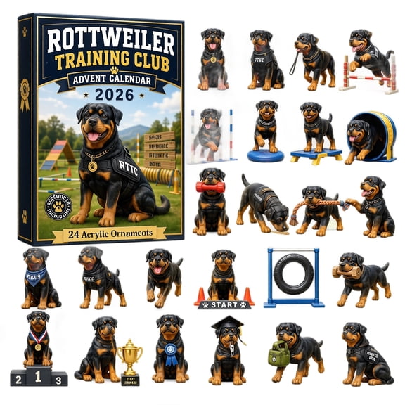 Christmas Advent Calendar, 24-Piece Rottweiler Dog with Acrylic Ornaments Training Obedience Agility Theme 2D Holiday, 24-Day Countdown