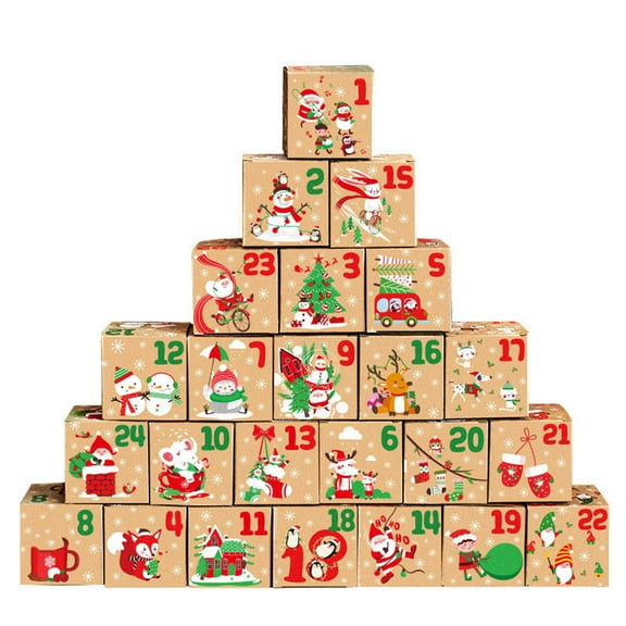 Christmas Advent Calendar Boxes, 24 Pcs Paper Countdown Candy Gift Boxes with Santa Claus & Reindeer Prints, Holiday Party Decorations for Kids & Family