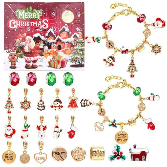 Christmas Advent Calendar Bracelets 2024 for Girls 24 Days Xmas Countdown Calendar DIY Jewelry Making Kit Gift 24 Charm Beads 2 Bracelets for Kids Teens Women