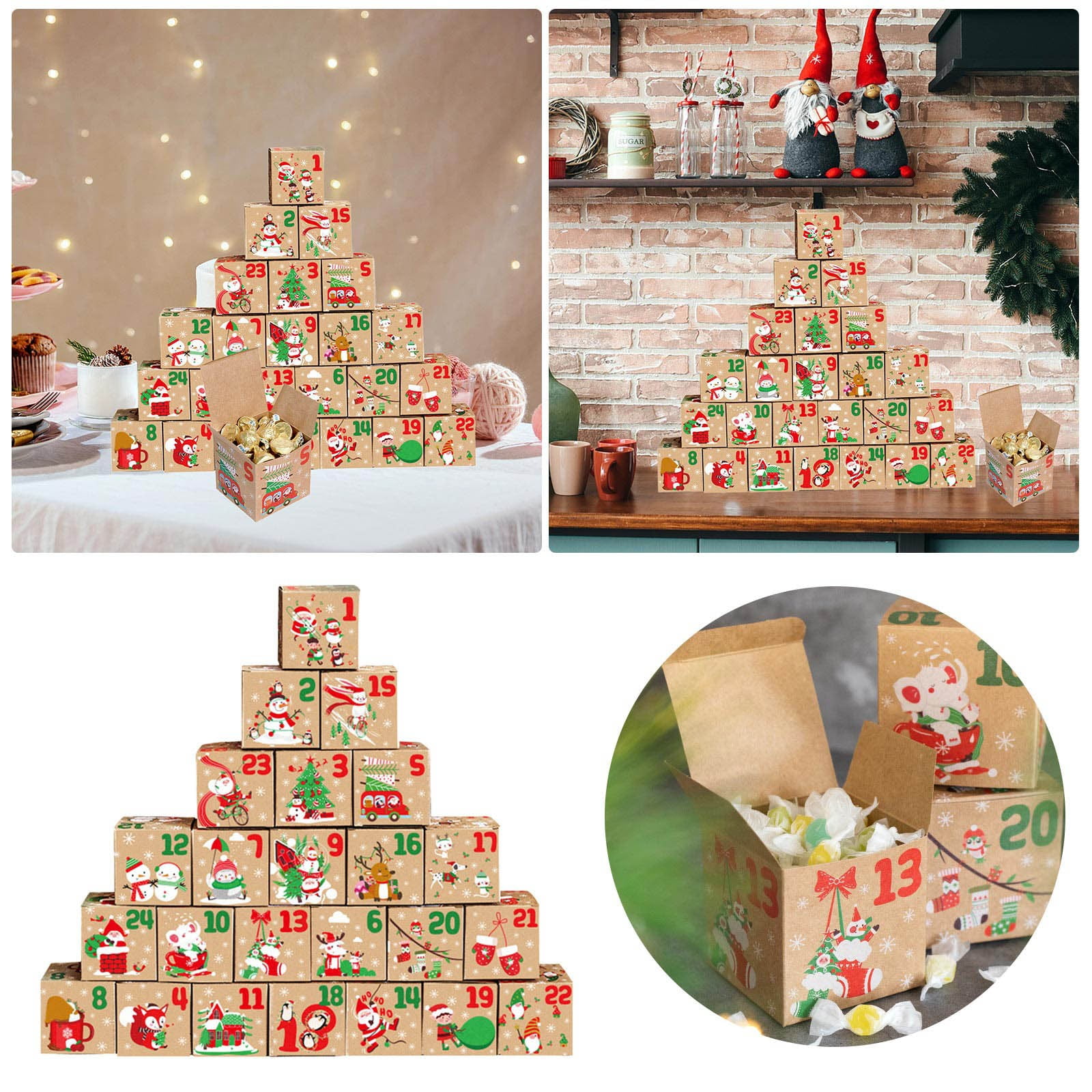 Christmas Advent Calendar Candy Boxes Countdown Kraft Paper Gift Boxes