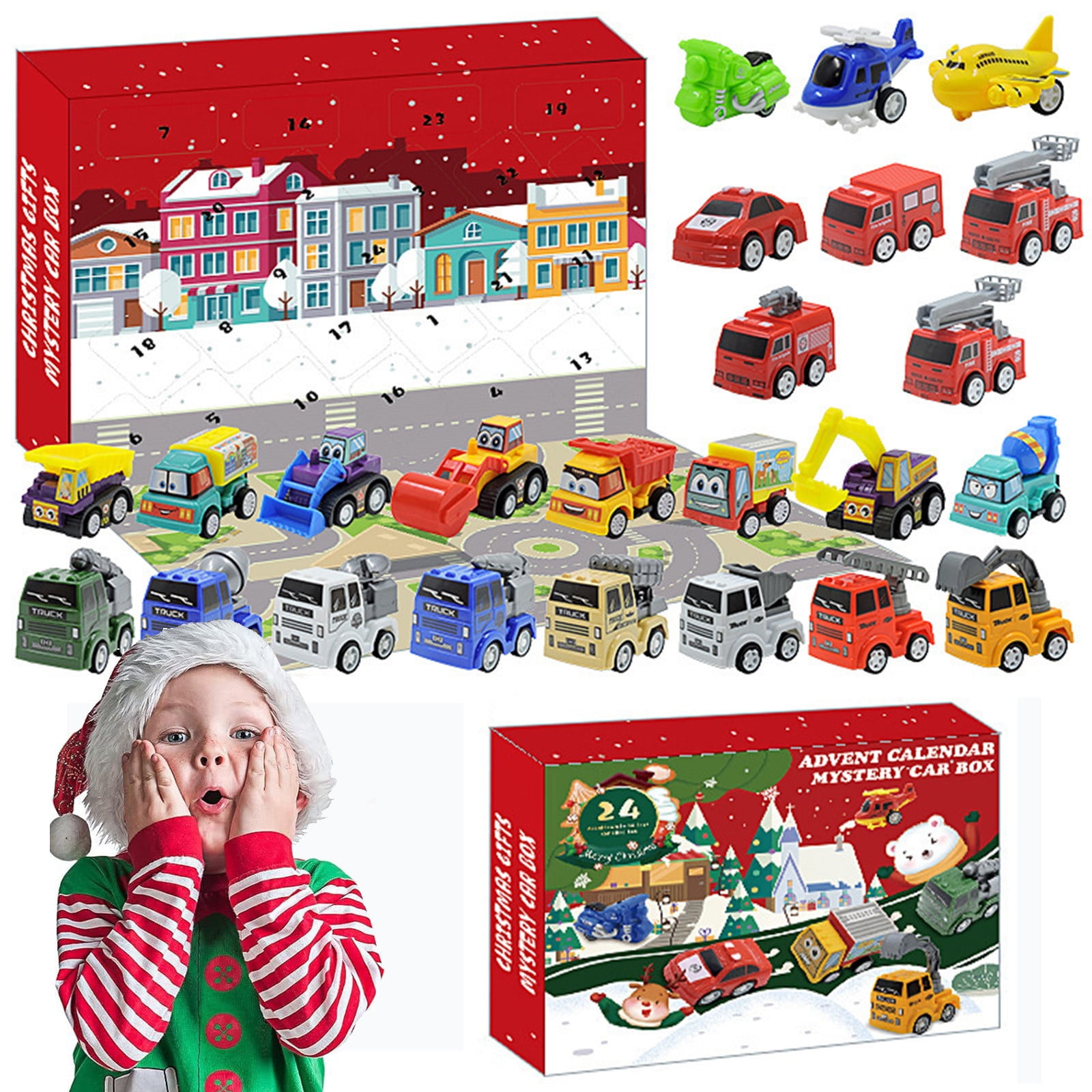 Isvgxsz Advent Calendar 2024 Kids: 24 Days Christmas Countdown Car Toys City Construction Vehicle Traffic Sign Set Playmat Xmas Holiday Party Favor G