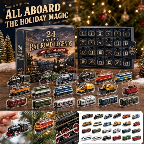 Christmas Advent Calendar With Railroad Vehicles Ornaments, 24 Days Of Railroad Legends Xmas Countdown Gift Holiday Party Favors
