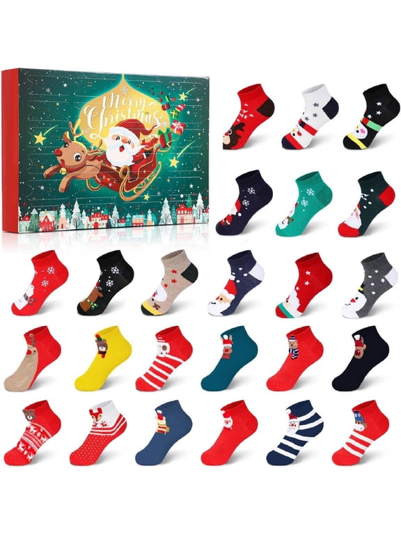 Christmas Advent Calendar with 24 Pairs Ankle Socks for Women Men, Holiday Countdown Blind Box Gift Set, Cute Cartoon Print Christmas Novelty Socks
