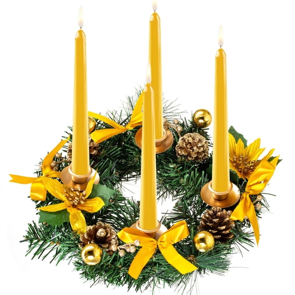 Christmas Advent Wreath Candle Holder, Yellow Ribbon Advent Wreath, 4 Metal Candle Cups, for Holiday Table Centerpiece Decorations, No Candles