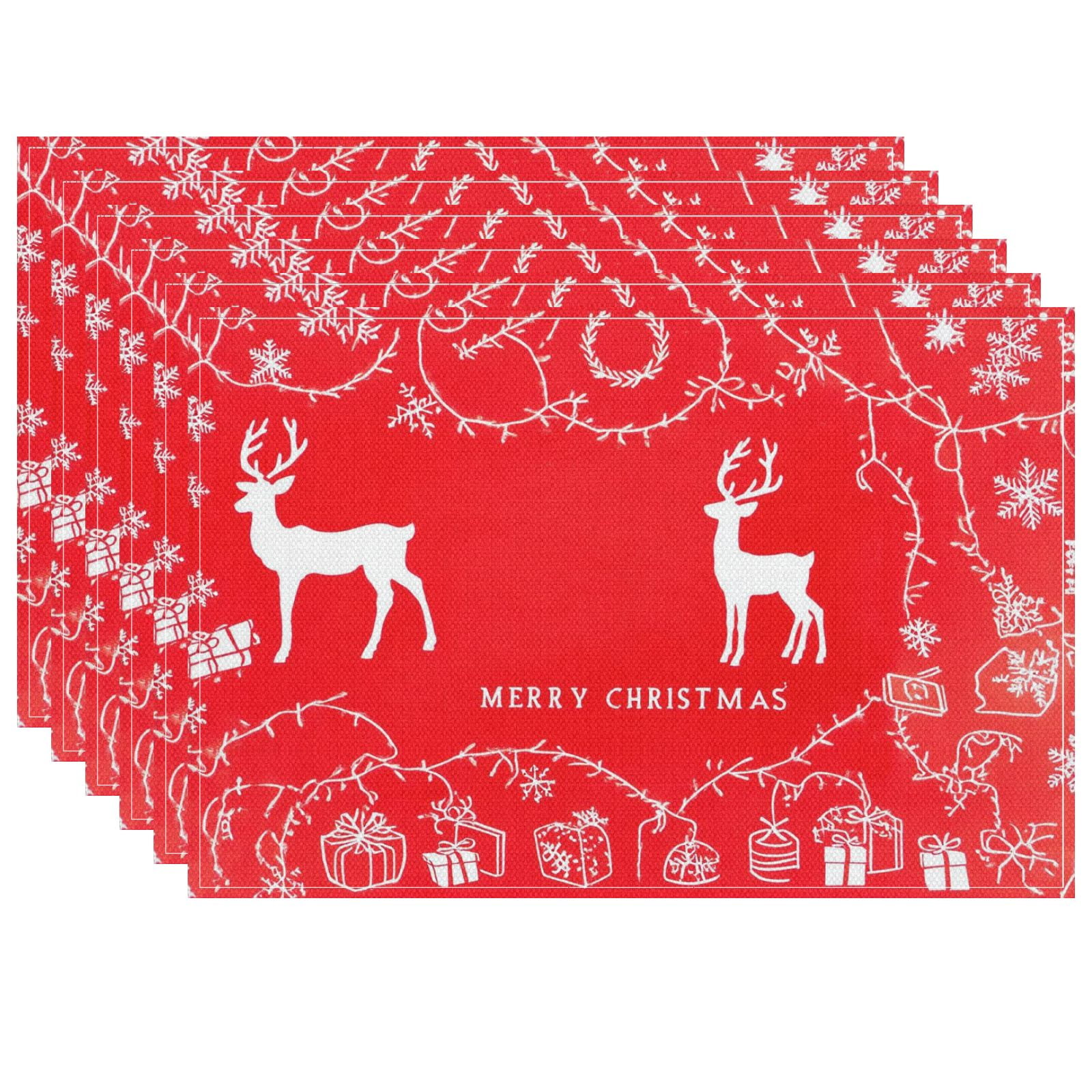 Christmas Aesthetic Placemats for Office Home Dining Table 6PCS 17.7x13 Inches - Durable Snowflakes Indoor Doormats Washable Traditional Nordic Folk Art Christmas Reindeer Seamless Pattern Porch Mat