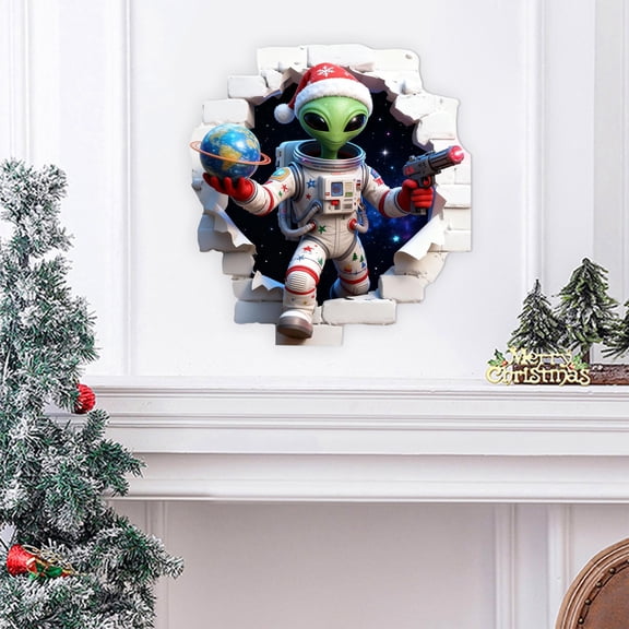 Christmas Alien 3D Effect Wall Sticker 50*40Cm/ Creative Christmas Santa Wall Stickers Festive 3D Breakthrough Stickers Christmas Extra Terrestrial Decorative Wall Decals For Home Kids Roomm Room &