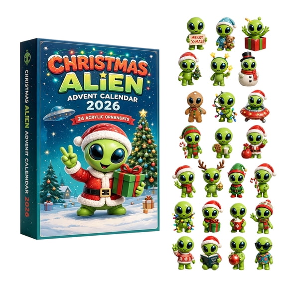 Christmas Alien Advent Calendar 2026, 24 Days Countdown with 2D Acrylic Alien Ornaments, Cute Green Alien in Santa Outfit Pendant Set, Mystery Gift Box for Kids & Sci-Fi Lovers