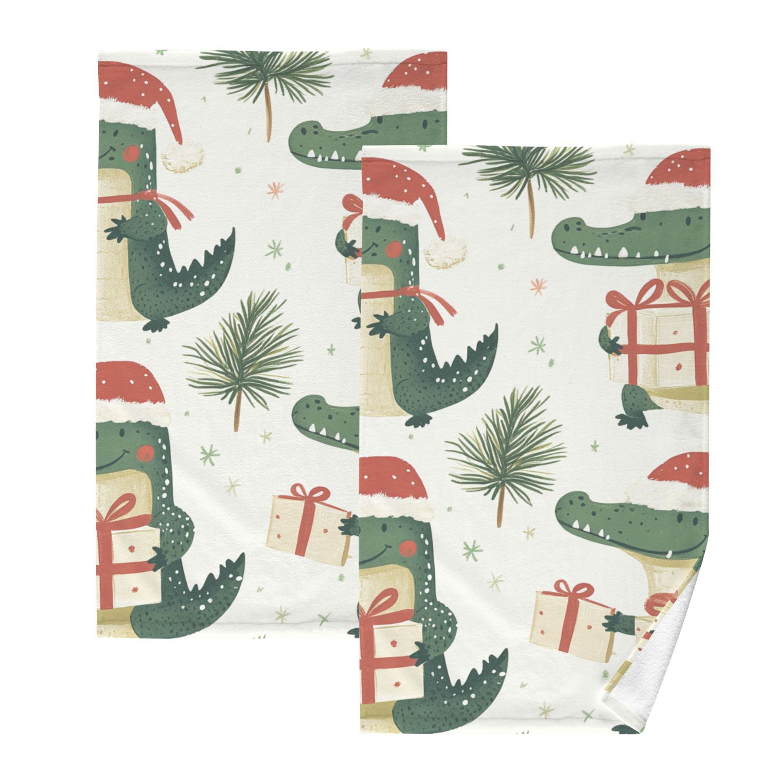 Christmas Alligators Santa Hats Hand Towels Cotton Bath Towels Large Face Towels Absorbent for Bathroom 2 Packs