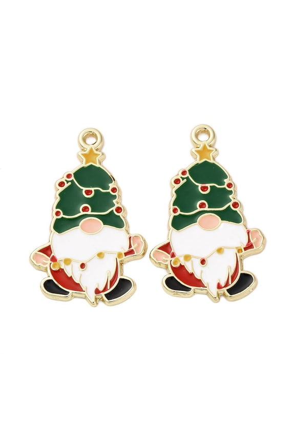 Christmas Alloy Enamel Pendants Cadmium Free & Nickel Free & Lead Free Golden Gnome Charm Dark Green 30.5x19x1.5mm Hole: 1.6mm