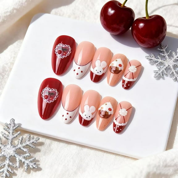 Christmas Almond Premium Press On Nails, 24Pcs 3D Stereo Painted Fake Nails with Rabbit, Cherry Cake & French Style, Festive Nail Art Set