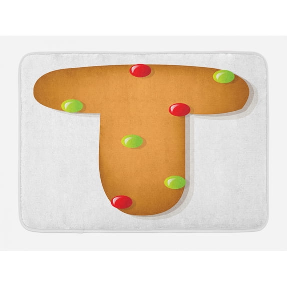 Christmas Alphabet Bath Mat, Cookie Letter T with Xmas Colors Polka Dots Gingerbread, Plush Bathroom Decor Mat with Non Slip Backing, 29.5" X 17.5", Ginger Vermilion and Green, by Ambesonne
