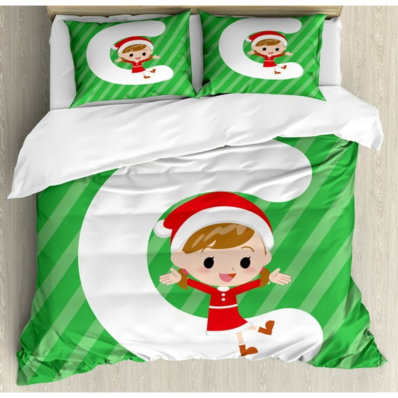 Christmas Alphabet Duvet Cover Set, Cartoon Style Young Sitting on Letter C with Hands Up, Decorative 3 Piece Bedding Set with 2 Pillow Shams, King Size, Green Dark Coral White, by Ambesonne