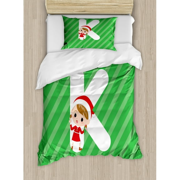 Christmas Alphabet Duvet Cover Set, Composition of a Young Female in Front of a Letter K, Decorative 2 Piece Bedding Set with 1 Pillow Shams, Twin Size, Green Dark Coral and White, by Ambesonne