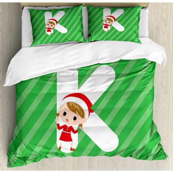 Christmas Alphabet Duvet Cover Set, Composition of a Young Female in Front of a Letter K, Decorative 3 Piece Bedding Set with 2 Pillow Shams, Queen Size, Green Dark Coral and White, by Ambesonne