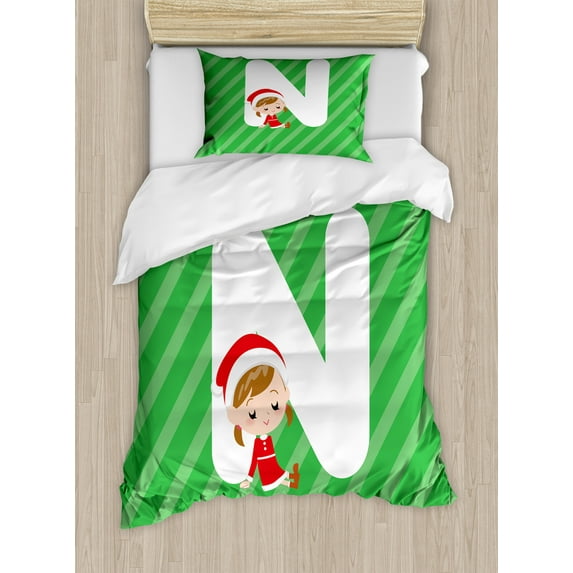 Ambesonne Christmas Alphabet Duvet Cover Sets, Holiday N Design, 2-Twin, Green Dark Coral and White
