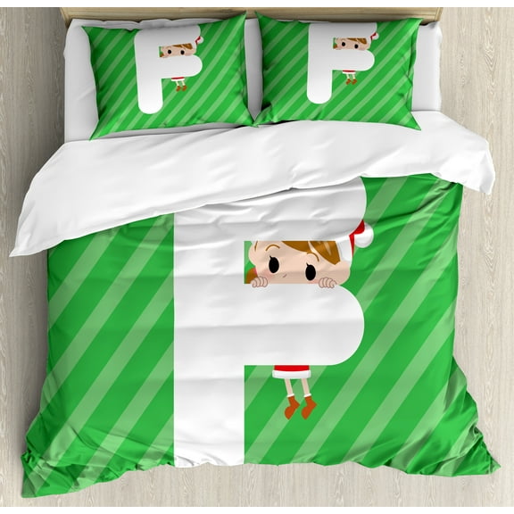 Christmas Alphabet Duvet Cover Set, Graphics of a Girl Hiding Behind Letter F Cartoon Design, Decorative 3 Piece Bedding Set with 2 Pillow Shams, King Size, Green Dark Coral and White, by Ambesonne