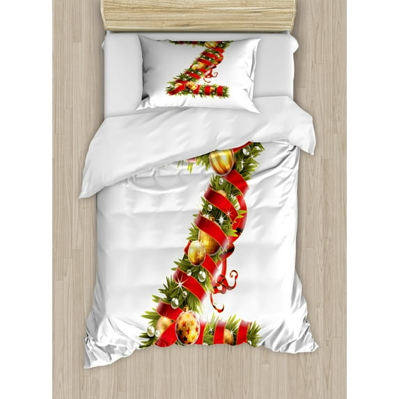 Christmas Alphabet Duvet Cover Set, Highly Realistic Image of Z Letter as Spruce Tree Branches, Decorative 2 Piece Bedding Set with 1 Pillow Shams, Twin Size, Pearl and Olive Green, by Ambesonne