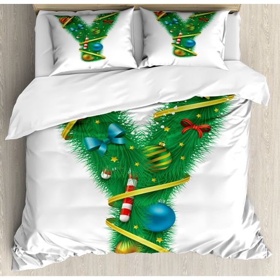 Christmas Alphabet Duvet Cover Set, Holiday Theme Y Letter Baubles Pattern on Plain Backdrop, Decorative 3 Piece Bedding Set with 2 Pillow Shams, Calking Size, White Green and Sea Blue, by Ambesonne