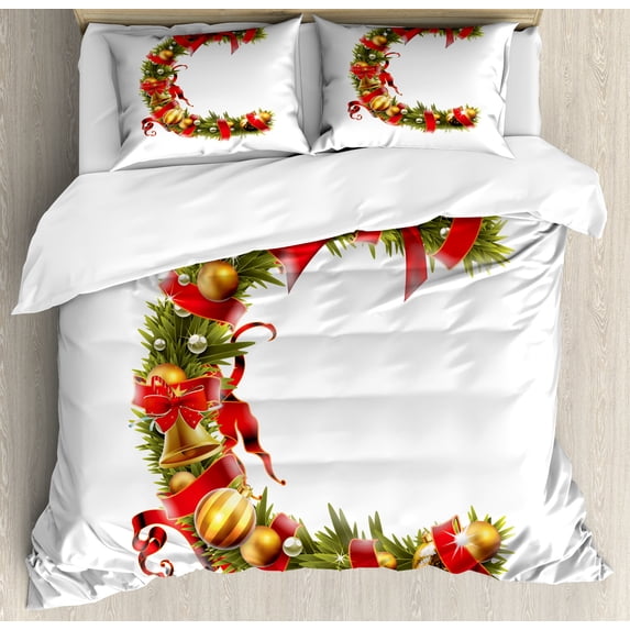 Christmas Alphabet Duvet Cover Set, Image of Tree Branches as C Letter with Ribbon and Baubles, Decorative 3 Piece Bedding Set with 2 Pillow Shams, Calking Size, Pearl and Olive Green, by Ambesonne