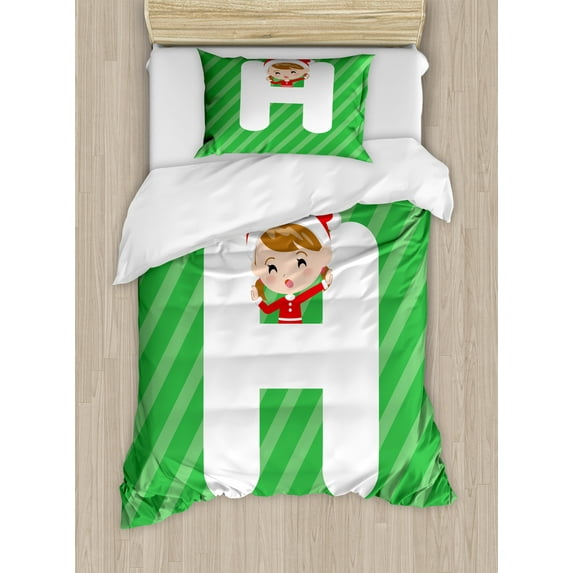 Christmas Alphabet Duvet Cover Set, Letter H and a Young in a Santa Hat Striped Background, Decorative 2 Piece Bedding Set with 1 Pillow Shams, Twin Size, Green Dark Coral White, by Ambesonne