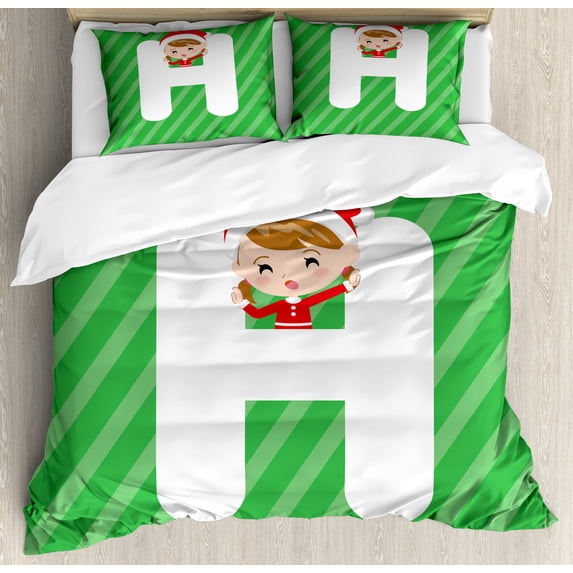 Christmas Alphabet Duvet Cover Set, Letter H and a Young in a Santa Hat Striped Background, Decorative 3 Piece Bedding Set with 2 Pillow Shams, King Size, Green Dark Coral White, by Ambesonne