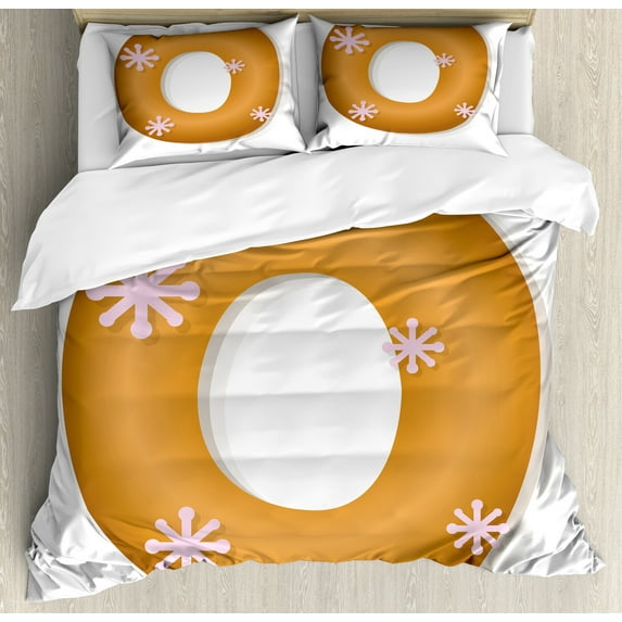 Christmas Alphabet Duvet Cover Set, Noel Cookie Gingerbread O Letter on Plain Background, Decorative 3 Piece Bedding Set with 2 Pillow Shams, Queen Size, Ginger White Pale Pink, by Ambesonne