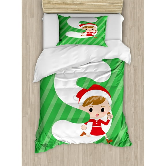 Christmas Alphabet Duvet Cover Set, Pattern of a Girl and the Letter S on a Striped Background, Decorative 2 Piece Bedding Set with 1 Pillow Shams, Twin Size, Green Dark Coral White, by Ambesonne