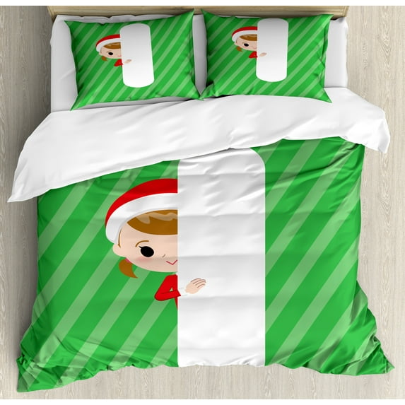 Christmas Alphabet Duvet Cover Set, Print of a Girl Posing Behind a Letter I in a Santa Costume, Decorative 3 Piece Bedding Set with 2 Pillow Shams, King Size, Green Dark Coral White, by Ambesonne