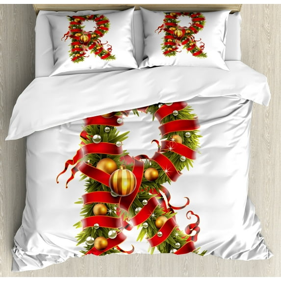 Christmas Alphabet Duvet Cover Set, R Letter for Winter Ornamented with Red Ribbons and Baubles, Decorative 3 Piece Bedding Set with 2 Pillow Shams, Queen Size, Pearl and Olive Green, by Ambesonne