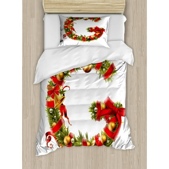 Christmas Alphabet Duvet Cover Set, Realistic Depiction of Ornamental Tree Branches as G Letter, Decorative 2 Piece Bedding Set with 1 Pillow Shams, Twin Size, Pearl and Olive Green, by Ambesonne