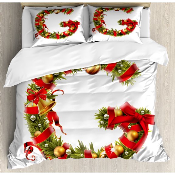 Christmas Alphabet Duvet Cover Set, Realistic Depiction of Ornamental Tree Branches as G Letter, Decorative 3 Piece Bedding Set with 2 Pillow Shams, Calking Size, Pearl and Olive Green, by Ambesonne