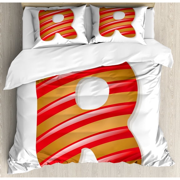 Christmas Alphabet Duvet Cover Set, Xmas Themed Cookie Shaped Letter R Noel Monogram Art, Decorative 3 Piece Bedding Set with 2 Pillow Shams, Calking Size, Ginger Vermilion and White, by Ambesonne