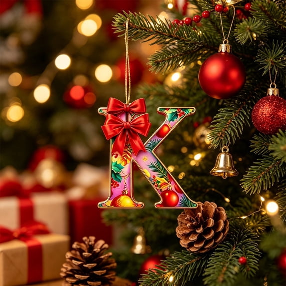 Christmas Alphabet Letter Acrylic Ornaments, 3.15 inch Custom Initial Hanging Decor with Red Bow, Personalized Xmas Tree Holiday Home Decoration