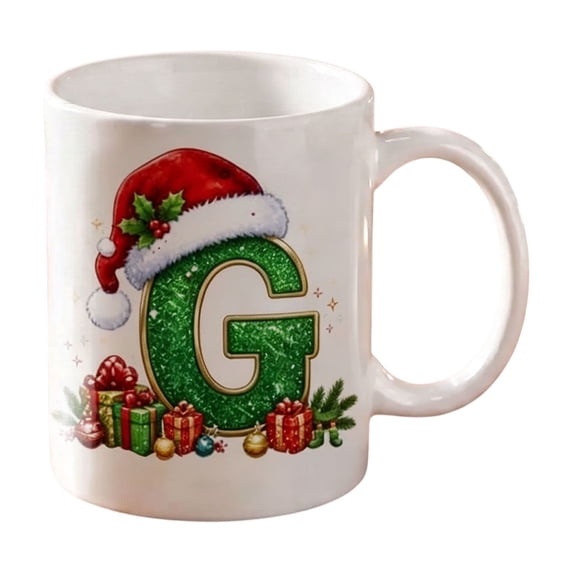 Christmas Alphabet Mug with Santa Hat - Ceramic Personalized A to Z Coffee Cup for Hot Cocoa Tea or Coffee, Festive Decor and Holiday Gift G