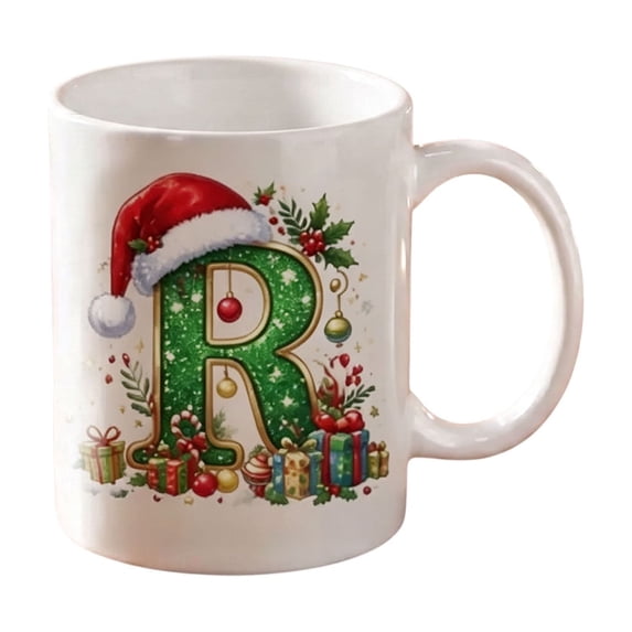 Christmas Alphabet Mug with Santa Hat - Ceramic Personalized A to Z Coffee Cup for Hot Cocoa Tea or Coffee, Festive Decor and Holiday Gift R